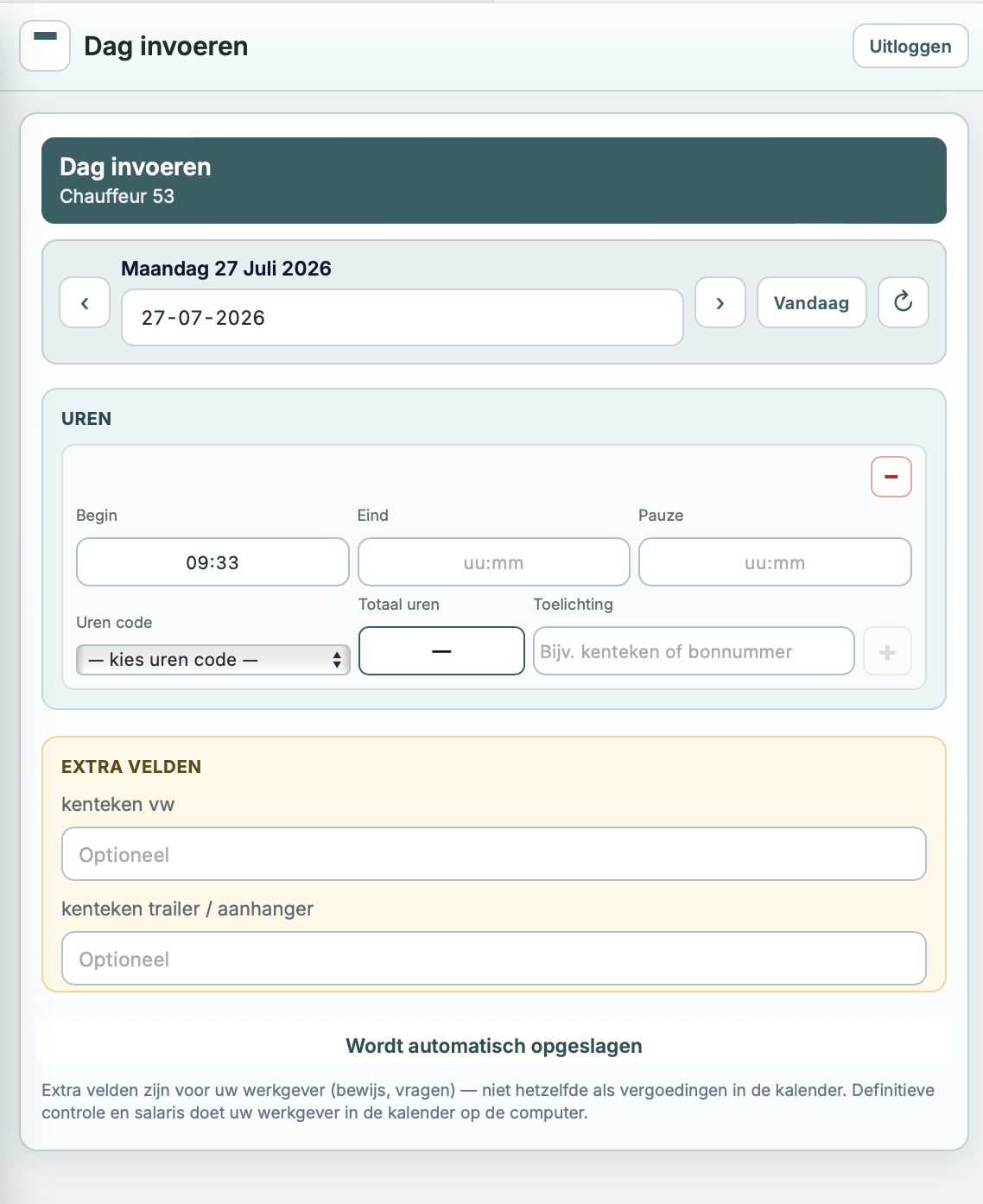 Chauffeursapp van CAO Platform met ureninvoer en aanvullende velden